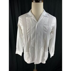 Cubana Guayabera Bowling Embroidered Button Shirt 36 (Fits S/M) White‎ Vtg Loop